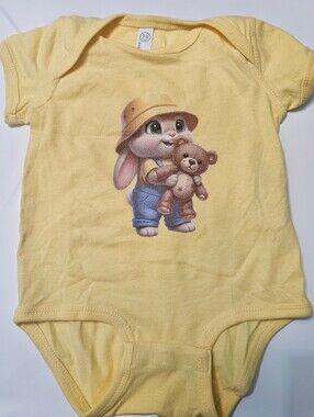 Rabbit Skins Yellow Bunny & Teddy Graphic One-Piece Bodysuit Size 12M